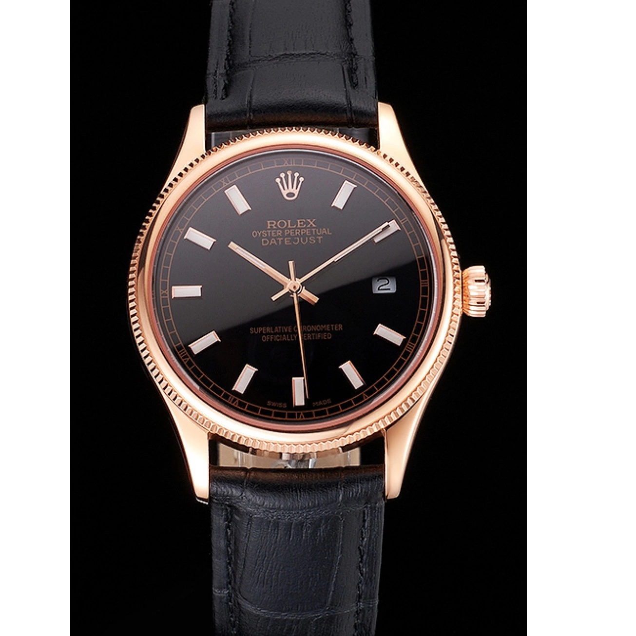 Best AAA Replica Sites Case Gold Rose Swiss Black Strap Black Rolex Dial Datejust Leather 0629